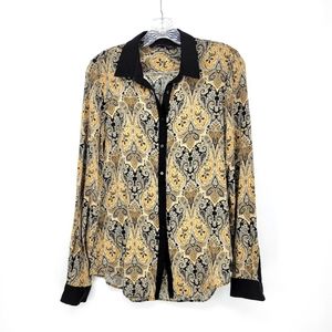 Zara Woman paisley button down blouse long sleeve top large black viscose
